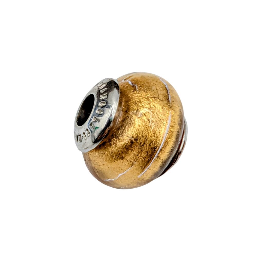 Vintage Murano Glass Italy Sterling Silver Gold Foil Bead Slide On Charm